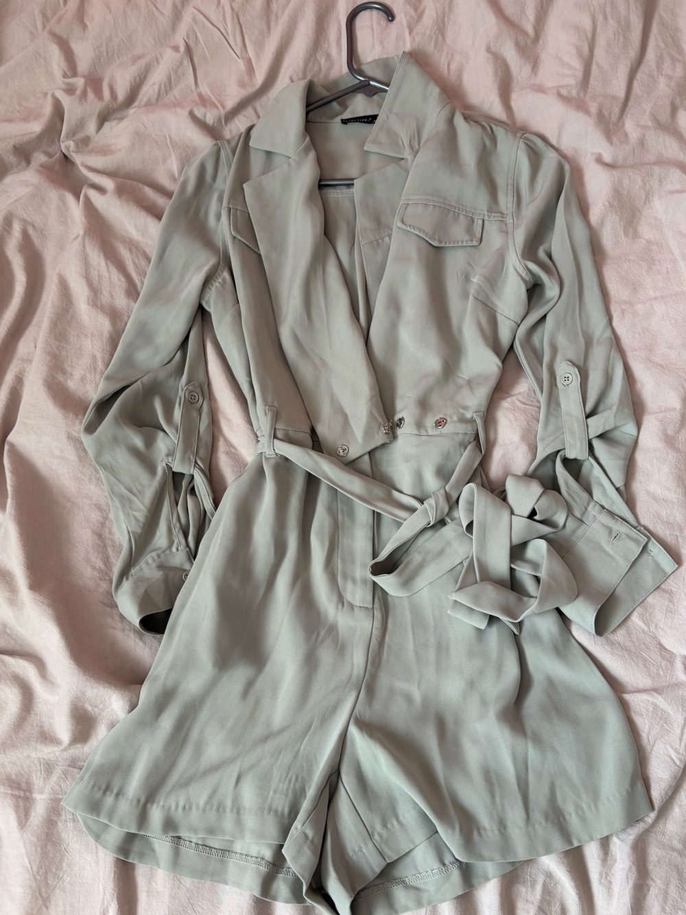 Light Sage Green Long Sleeve Belted Romper